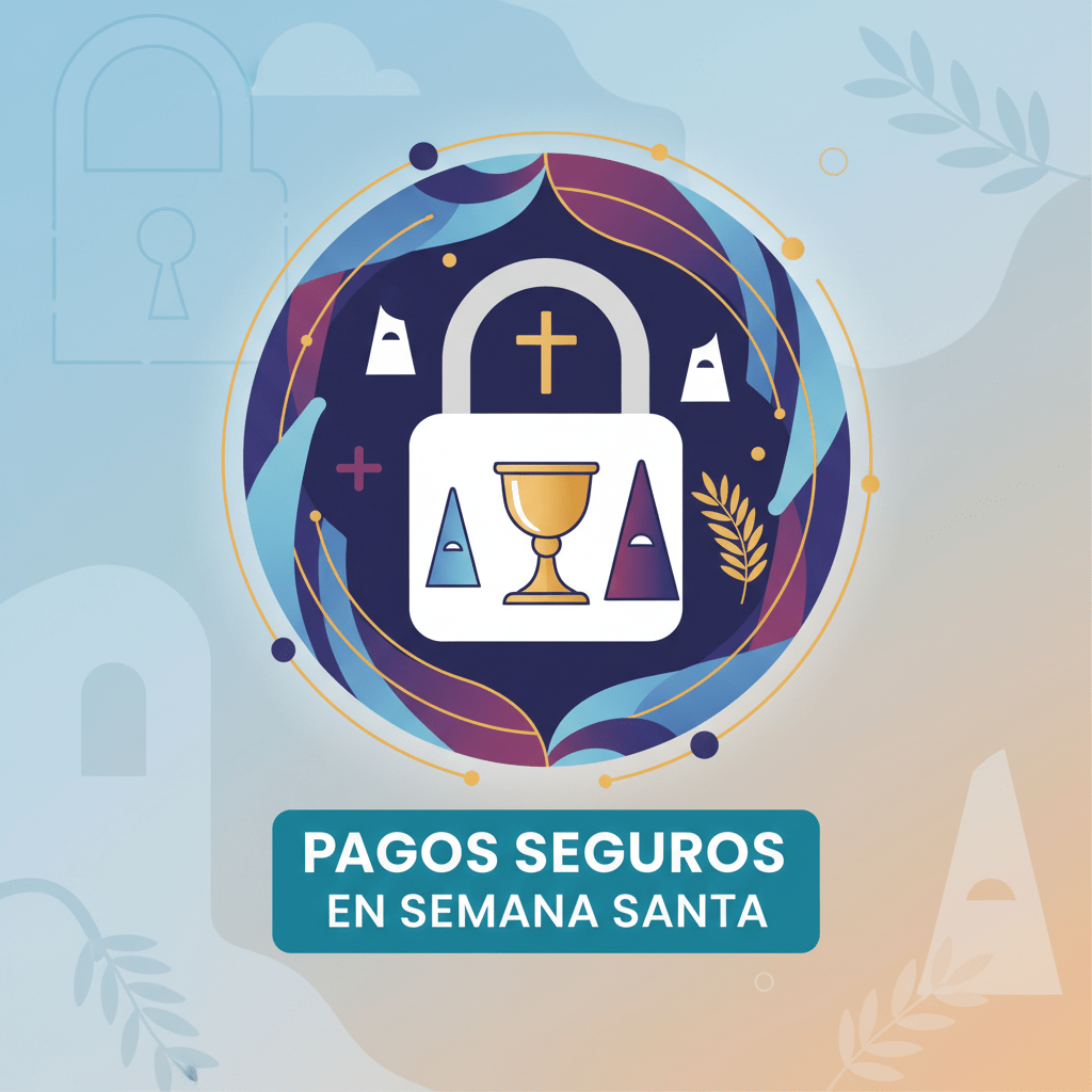 Graphic with text 'PAGOS SEGUROS EN SEMANA SANTA' featuring a padlock icon with religious symbols.