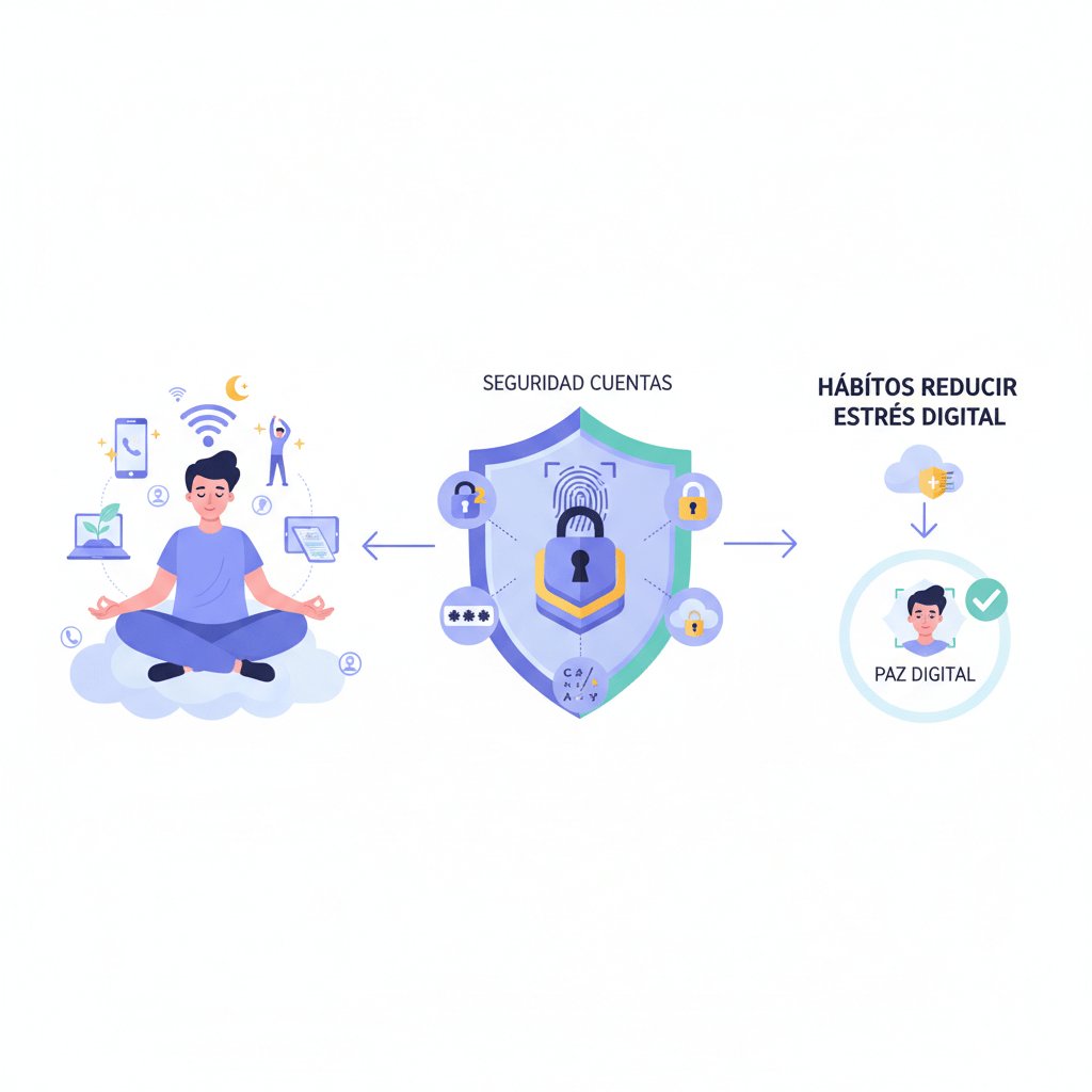 Diagram showing SEGURIDAD CUENTAS, HÁBITOS REDUCIR ESTRÉS DIGITAL, and PAZ DIGITAL for wellness.