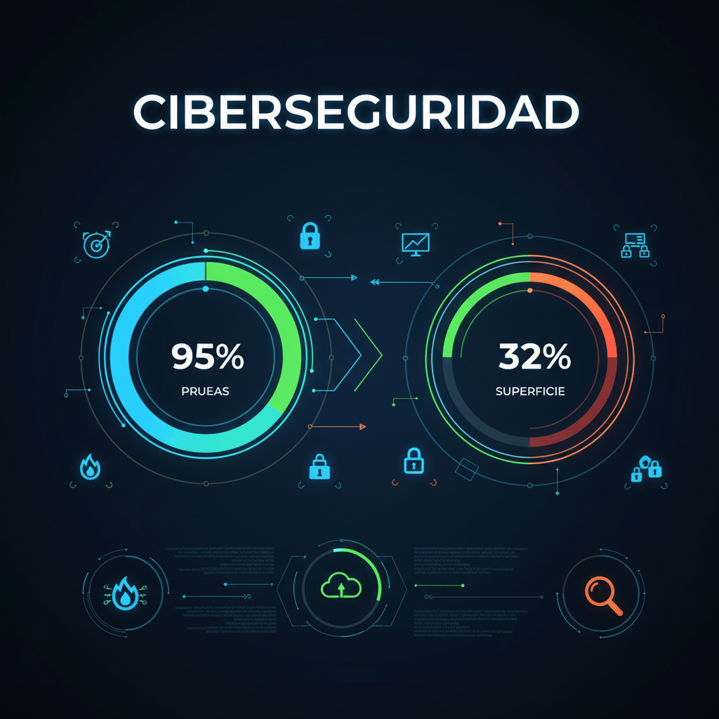 Cybersecurity infographic showing 95% pruebas and 32% superficie metrics with security icons.