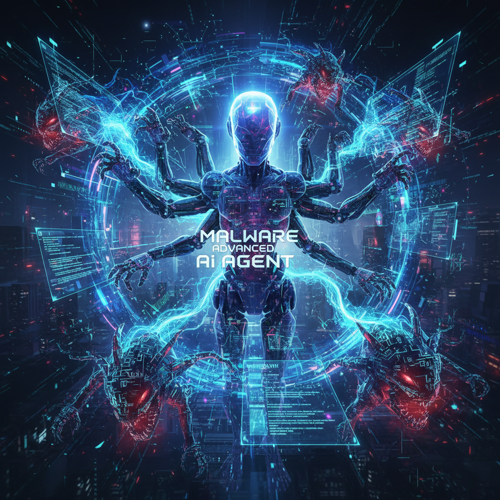Multi-armed glowing AI agent and digital monsters with text: MALWARE ADVANCED AI AGENT.