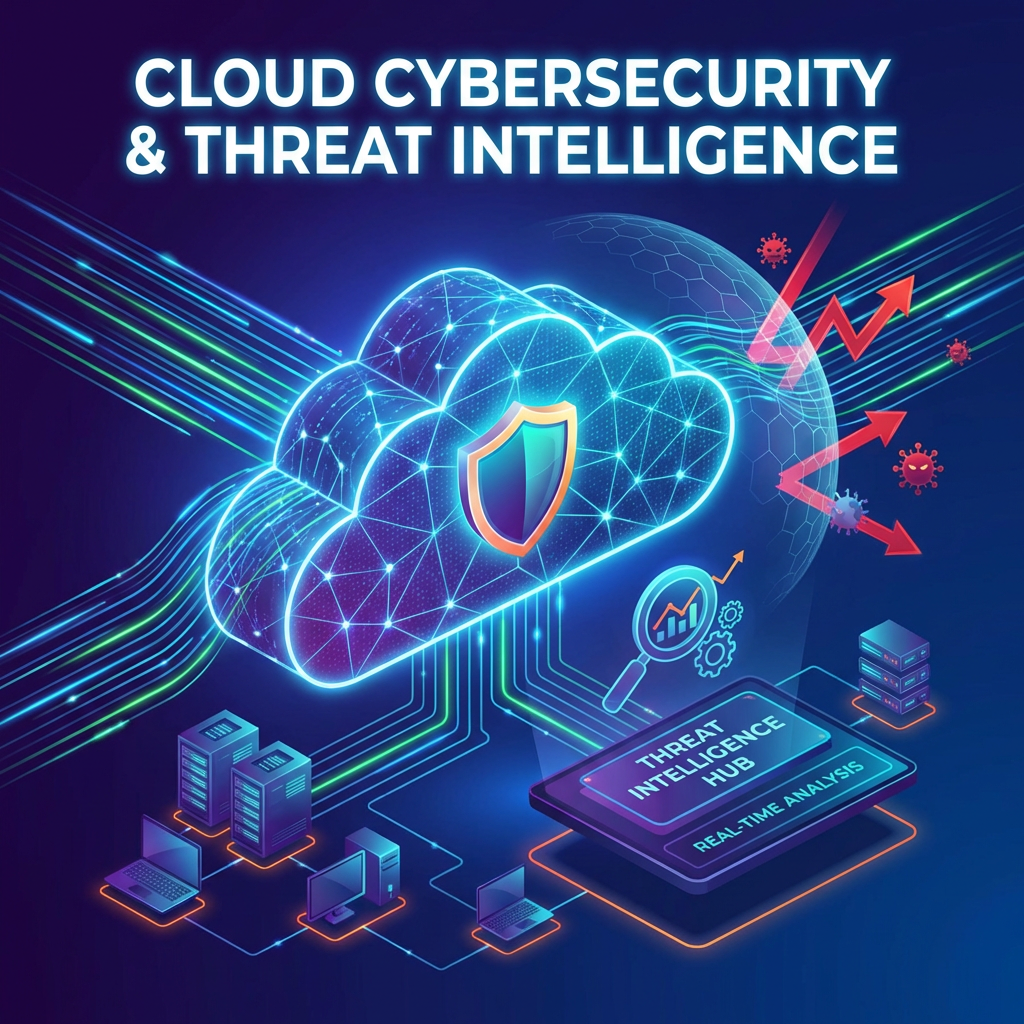 Cloud Cybersecurity & Threat Intelligence graphic with a shielded cloud and Real-Time Analysis Threat Intelligence Hub.