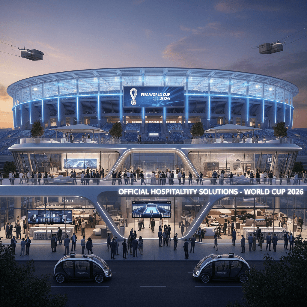 FIFA World Cup 2026 stadium screen behind Official Hospitality Solutions building with shuttles and drones.