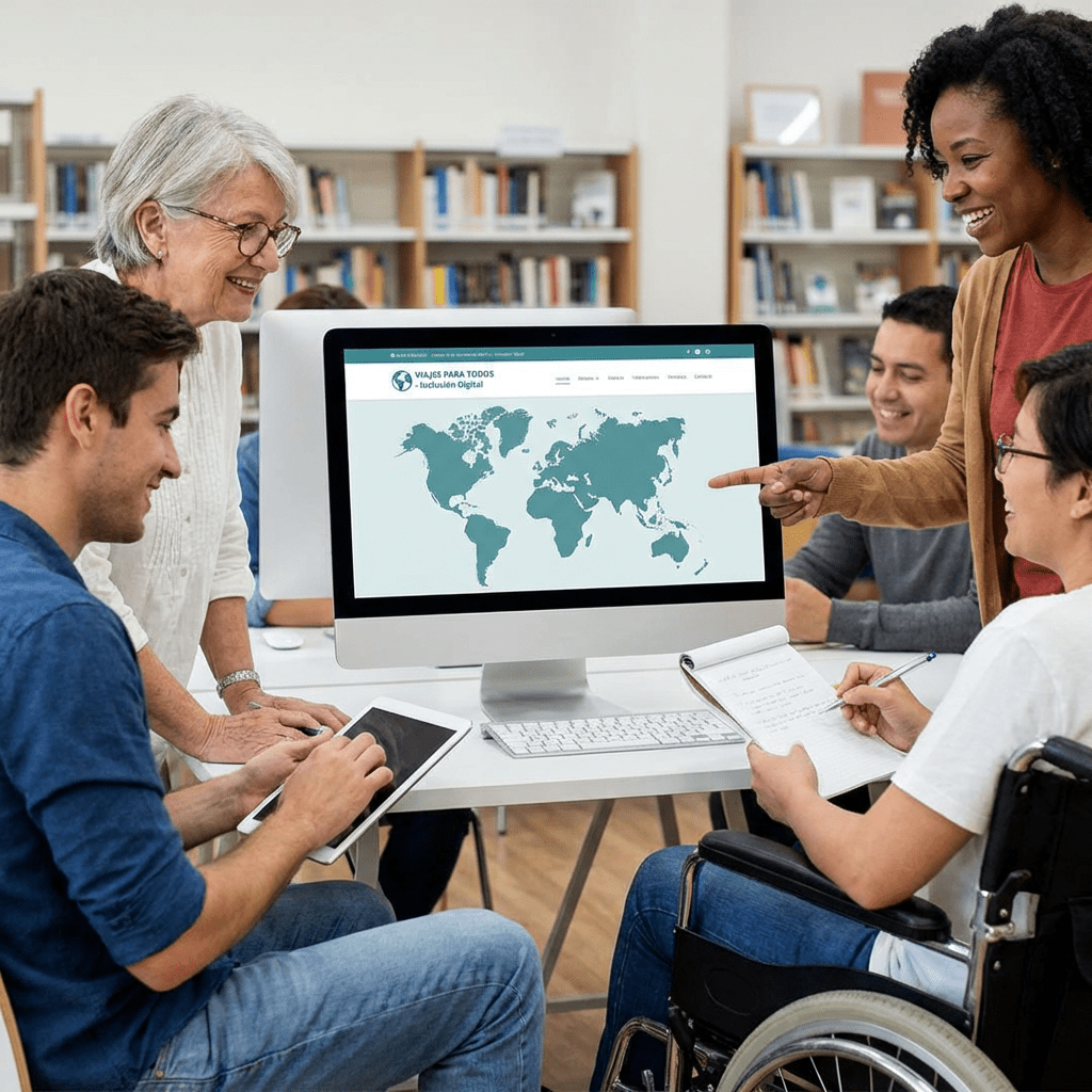 Diverse group around a computer displaying the VIAJES PARA TODOS Inclusión Digital website.