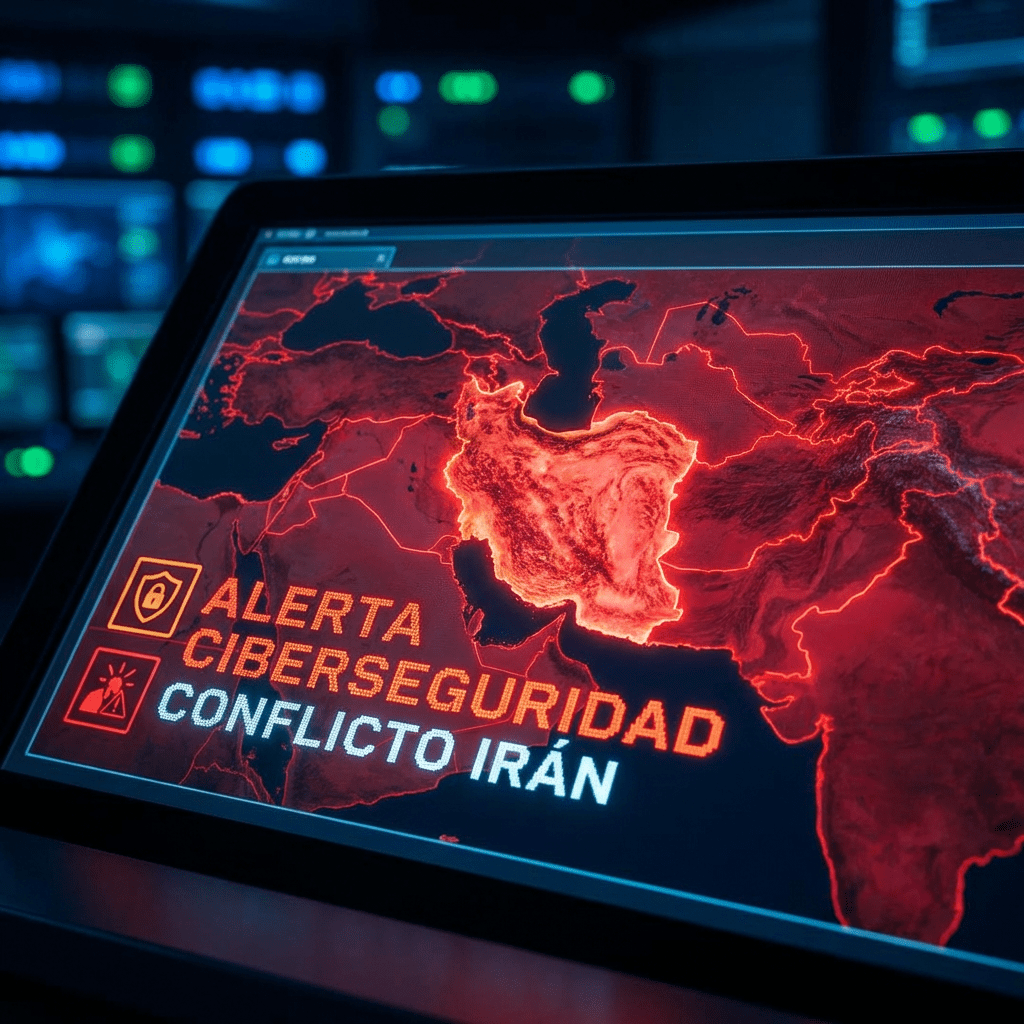 Map highlighting Iran in glowing red with text ALERTA CIBERSEGURIDAD CONFLICTO IRÁN and security icons.
