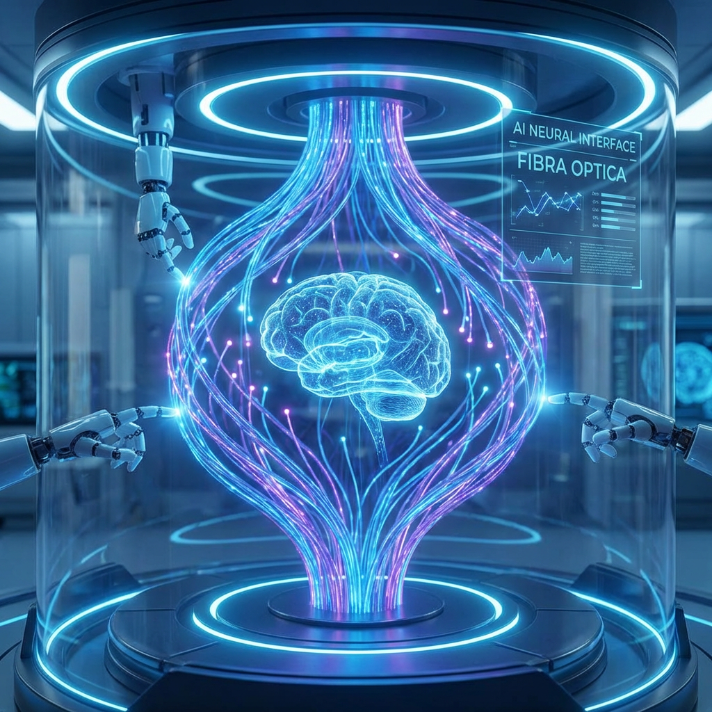 Glowing digital brain inside a cylinder with text: AI NEURAL INTERFACE FIBRA OPTICA