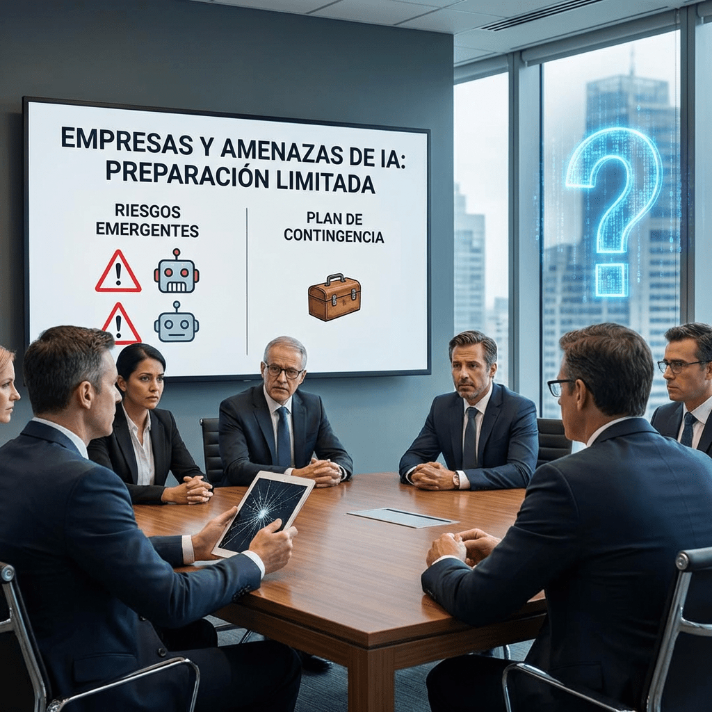 Executives view screen: EMPRESAS Y AMENAZAS DE IA: PREPARACIÓN LIMITADA, RIESGOS EMERGENTES, PLAN DE CONTINGENCIA.