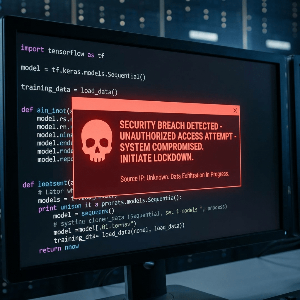 Computer screen displaying Python code with a red warning box saying, SECURITY BREACH DETECTED - UNAUTHORIZED ACCESS ATTEMPT - SYSTEM COMPROMISED. INITIATE LOCKDOWN. Source IP: Unknown. Data Exfiltration in Progress.