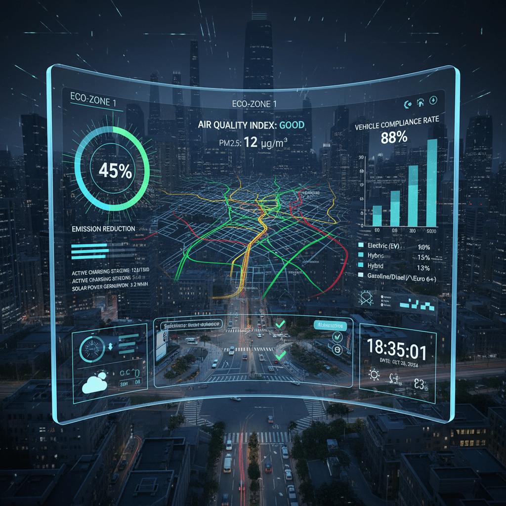 Holographic interface showing 45 percent emission reduction, good air quality, and 88 percent compliance.