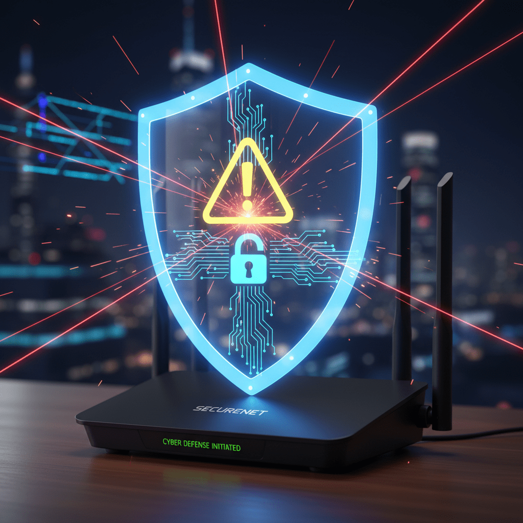Glowing digital shield over a router deflecting red beams in a night city.
