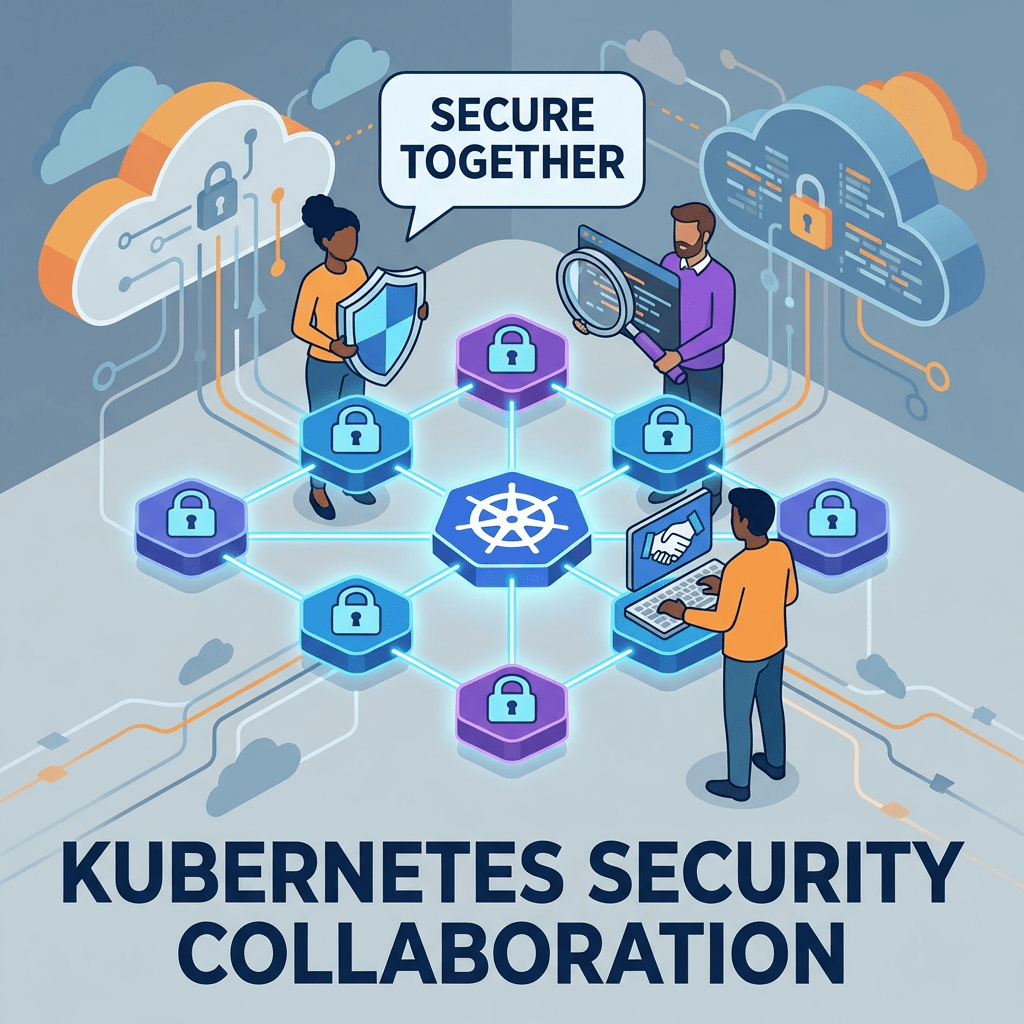 Infographic titled KUBERNETES SECURITY COLLABORATION with the slogan SECURE TOGETHER, showing people protecting a network.