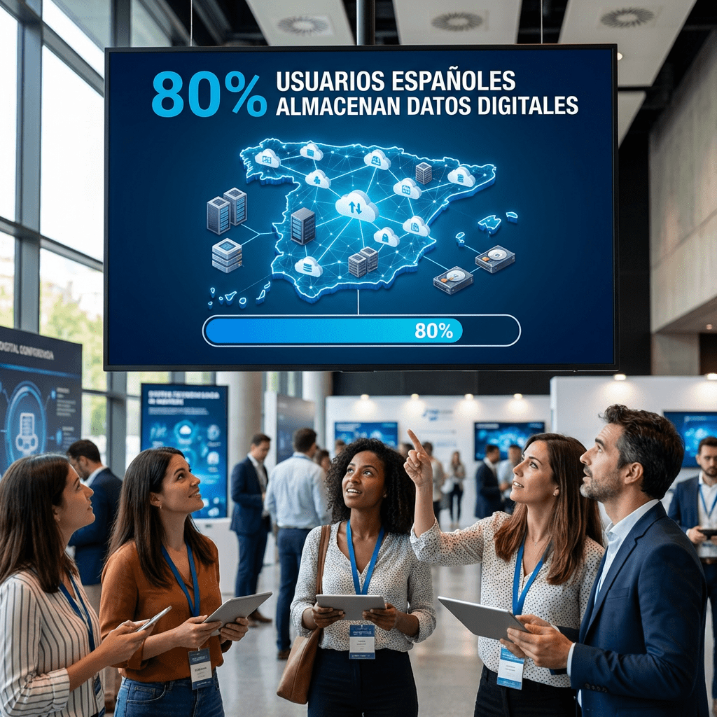 Screen showing 80% USUARIOS ESPAÑOLES ALMACENAN DATOS DIGITALES over a digital map of Spain.