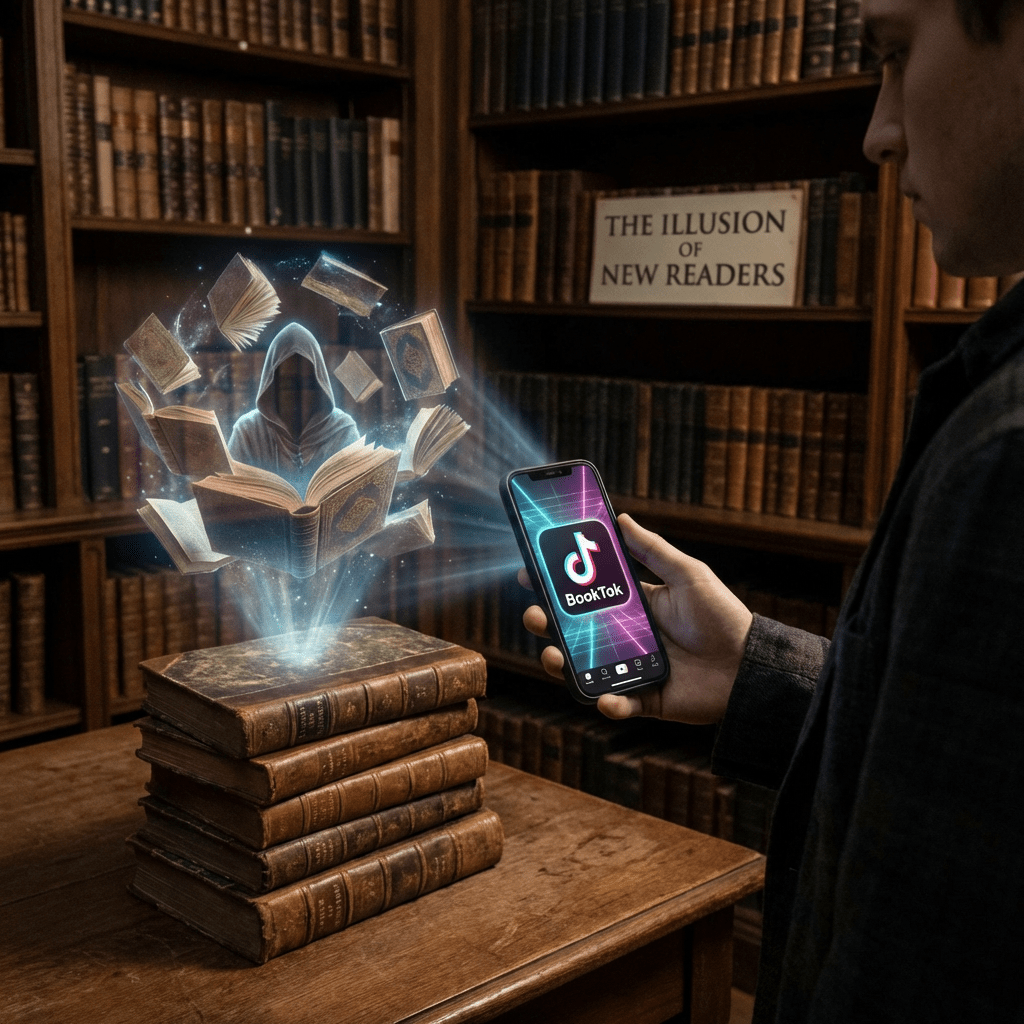Smartphone showing 'BookTok' projecting holograms in a library with sign reading 'THE ILLUSION OF NEW READERS'.