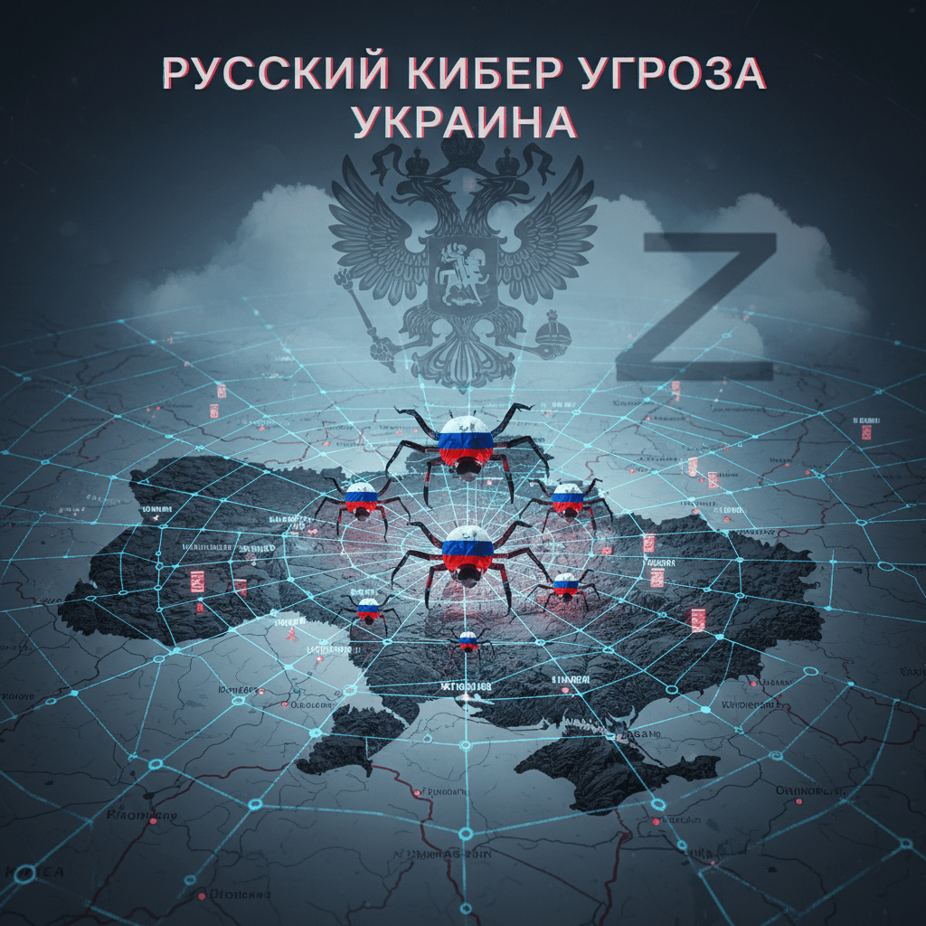 "РУССКИЙ КИБЕР УГРОЗА УКРАИНА" text above a map of Ukraine with Russian-flagged robotic spiders.