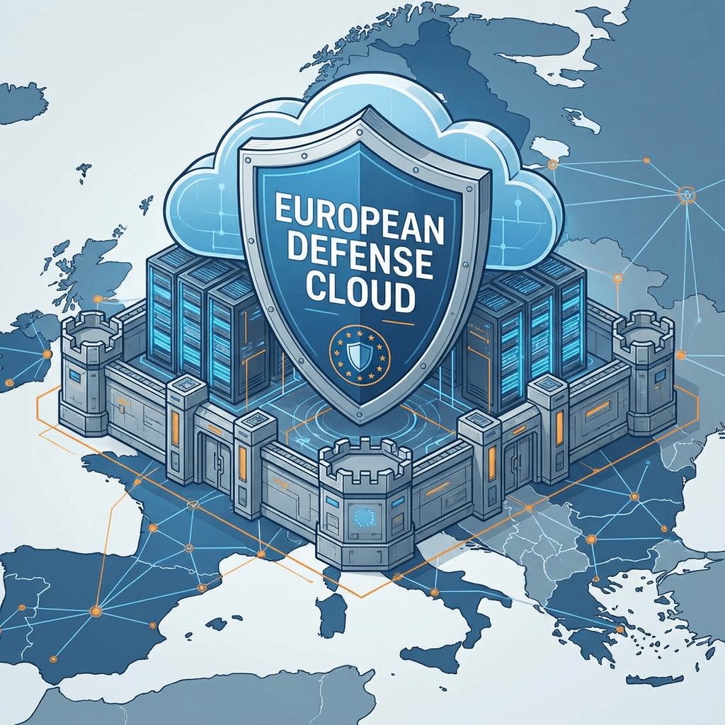 Map of Europe with a shield reading European Defense Cloud protecting data servers inside a castle.