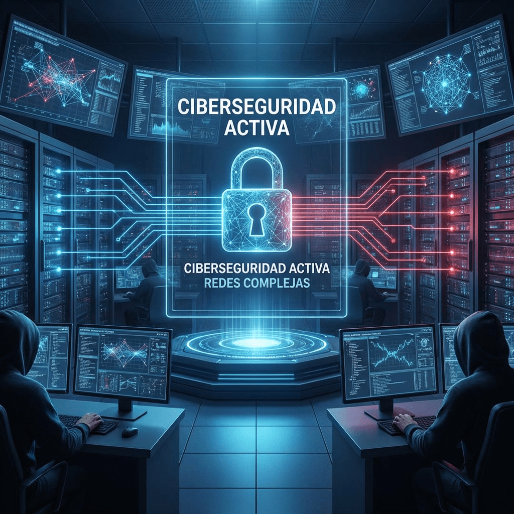 CIBERSEGURIDAD ACTIVA, REDES COMPLEJAS. Padlock hologram icon in a futuristic data center with analysts.