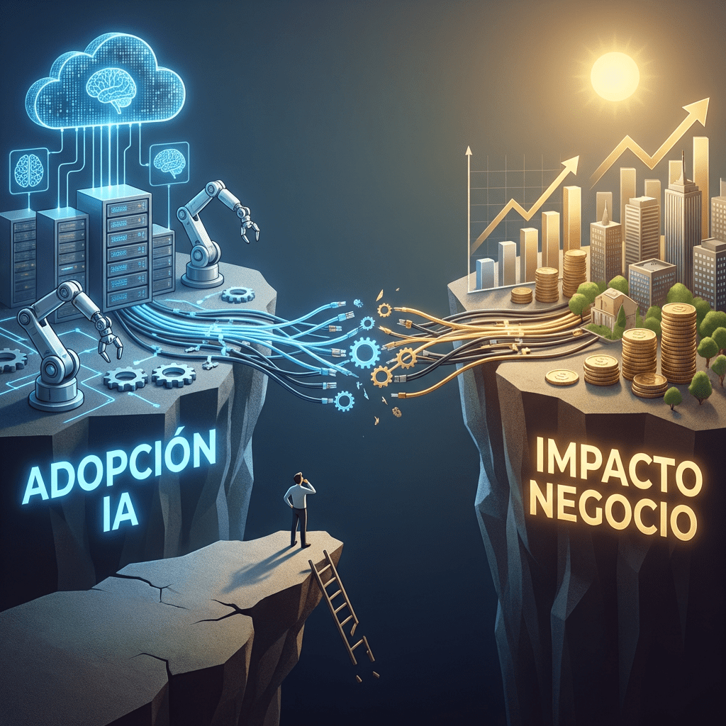 Conceptual illustration showing disconnected cables between 'ADOPCIÓN IA' and 'IMPACTO NEGOCIO' on separate cliffs.