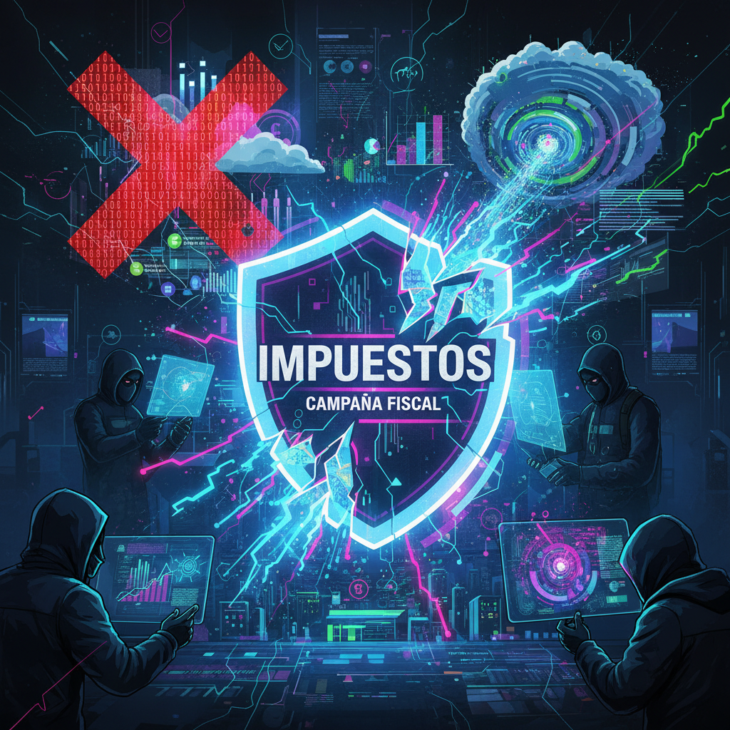 Digital shield labeled 'Impuestos Campaña Fiscal' being attacked by hackers with data and code graphics