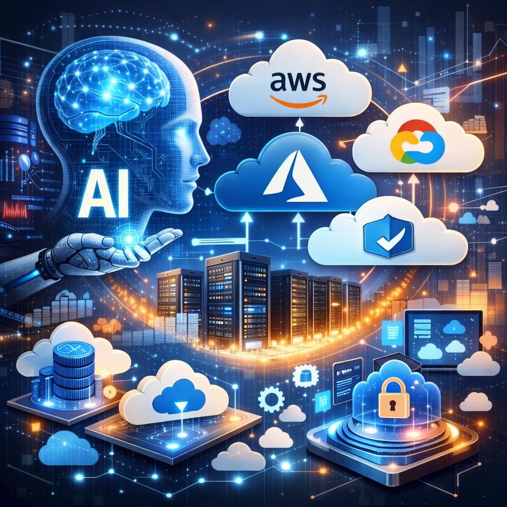 AI concept with cloud computing services including AWS, Azure, Google Cloud, data servers, and security icons