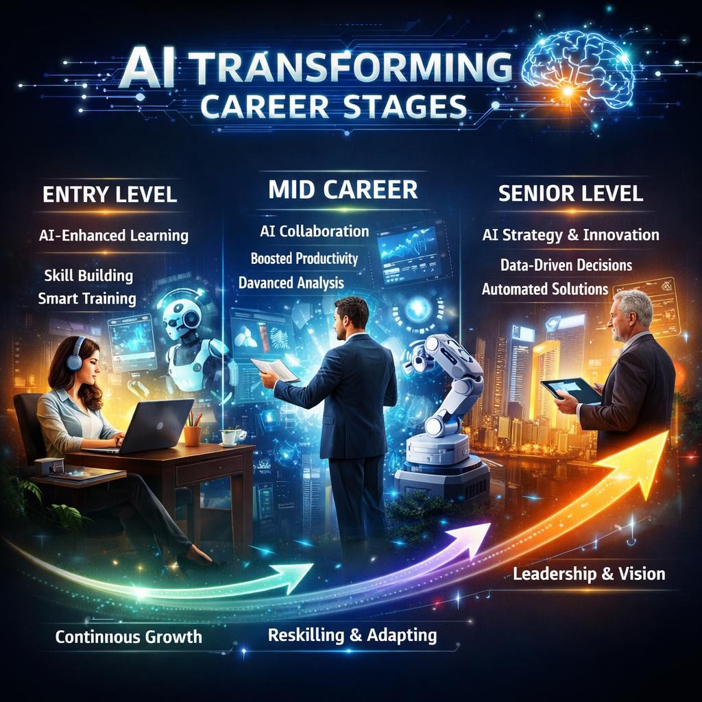 AI transforming career stages from entry to senior level with enhanced learning, collaboration, and innovation
