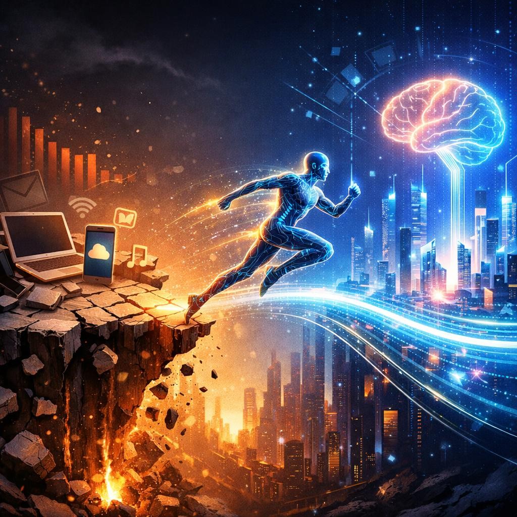 Human figure running from old devices toward a glowing neural brain over a city