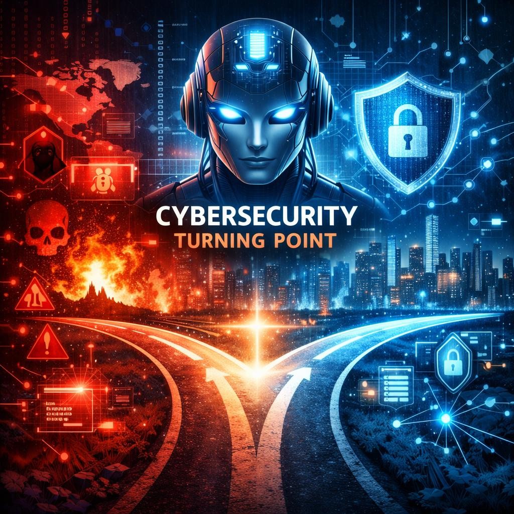 Futuristic robot head between red threat icons and blue shield symbols representing cybersecurity turning point