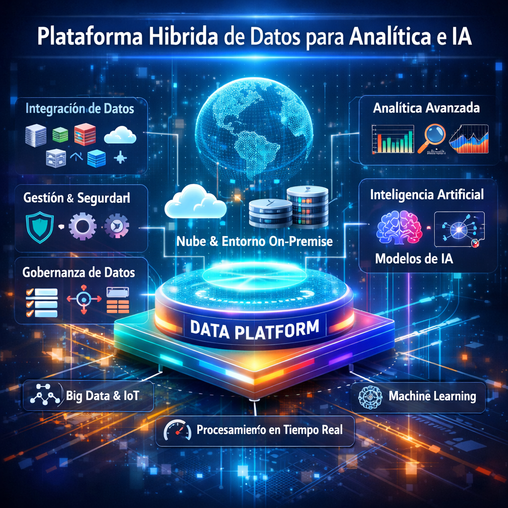 Hybrid data platform connecting cloud and on-premise with analytics, AI, data integration, governance, and machine learning