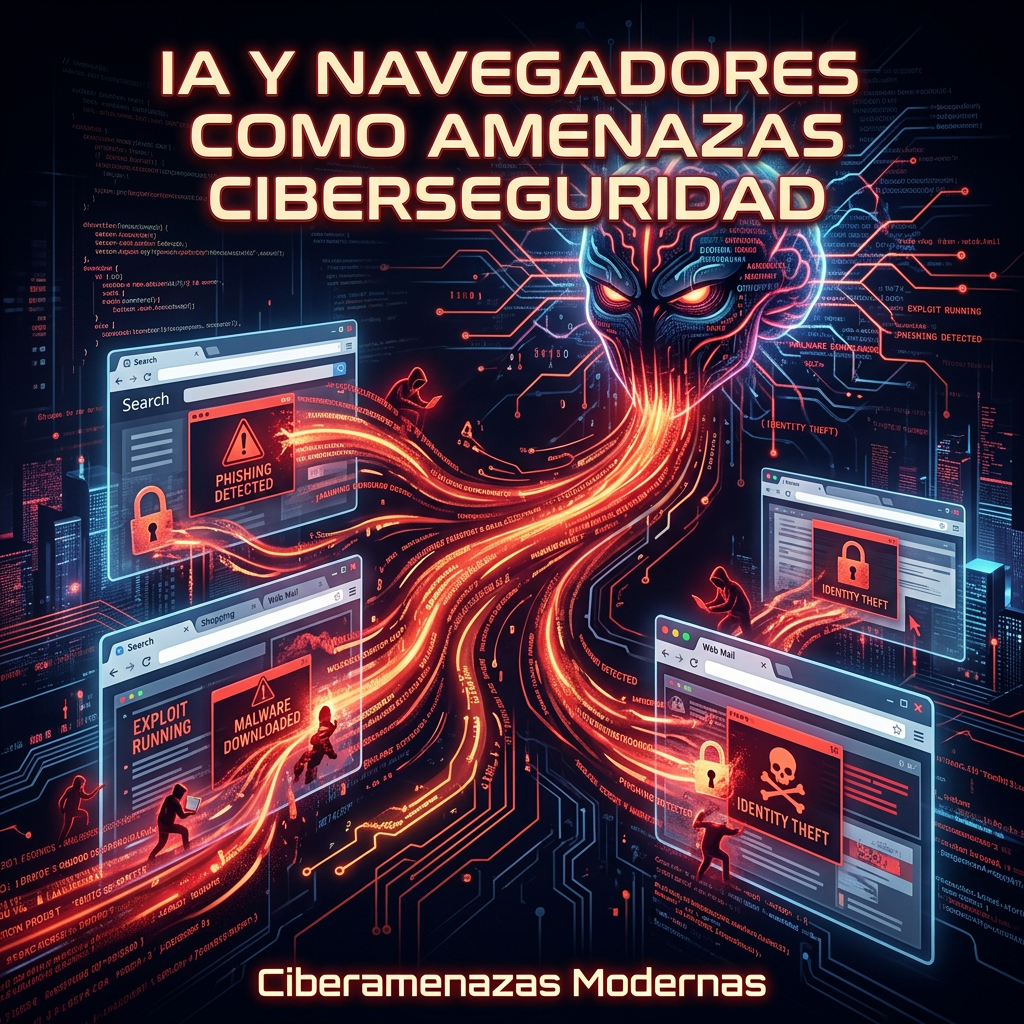 Digital illustration showing AI as a menacing figure linking to browser windows with phishing, malware, and identity theft warnings