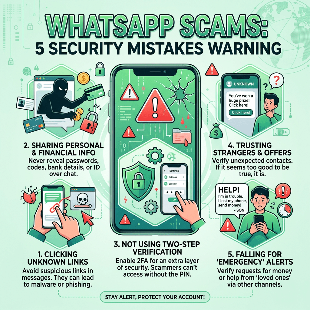 Five common WhatsApp security mistakes such as clicking unknown links, sharing personal info, not using two-step verification, trusting strangers, and falling for emergency alerts