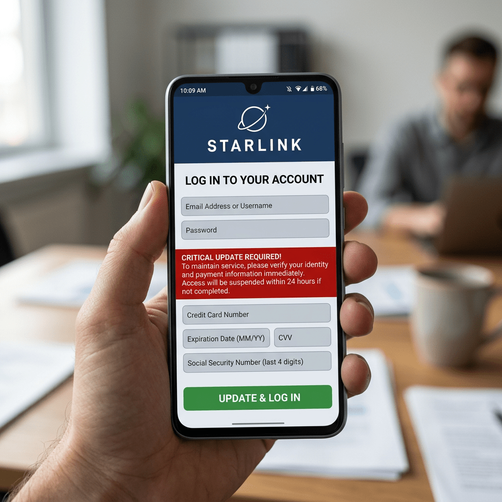 Starlink login screen requesting email, password, credit card info, and social security number with critical update alert