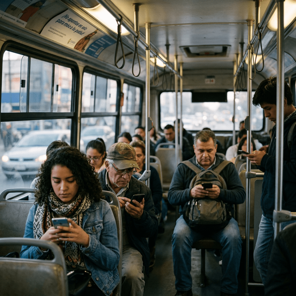 Bus passengers seated and standing, all focused on their smartphones