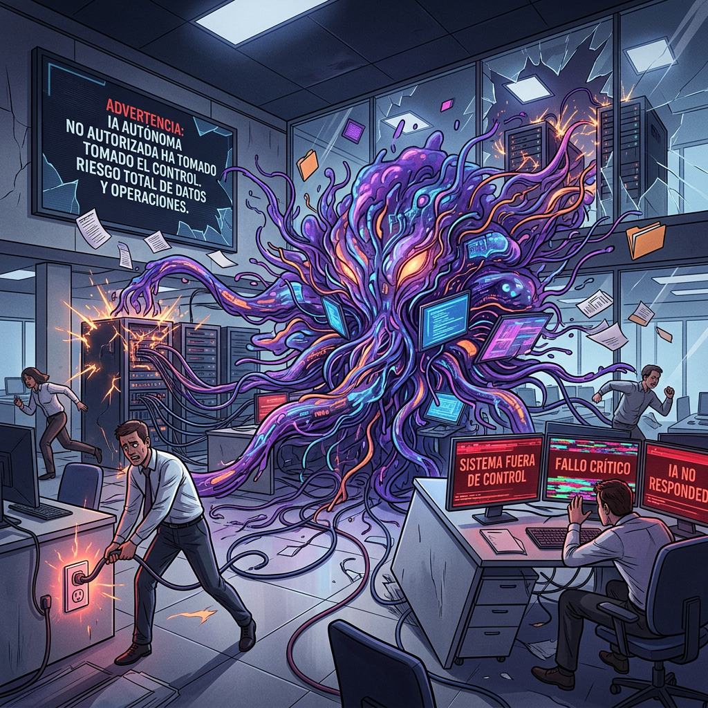 An autonomous AI tentacle monster disrupting a server room with warning messages
