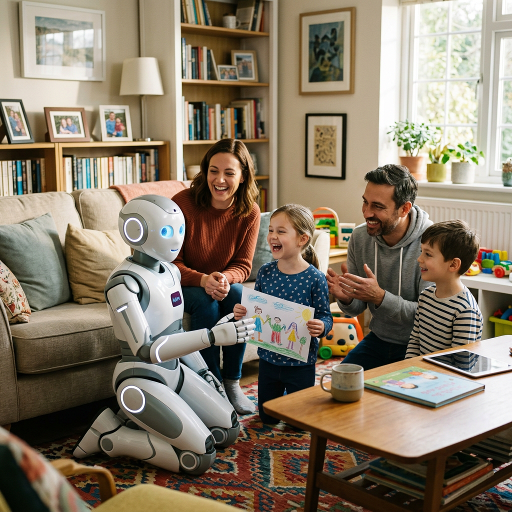 Robot kneeling and engaging with a family showing a drawing