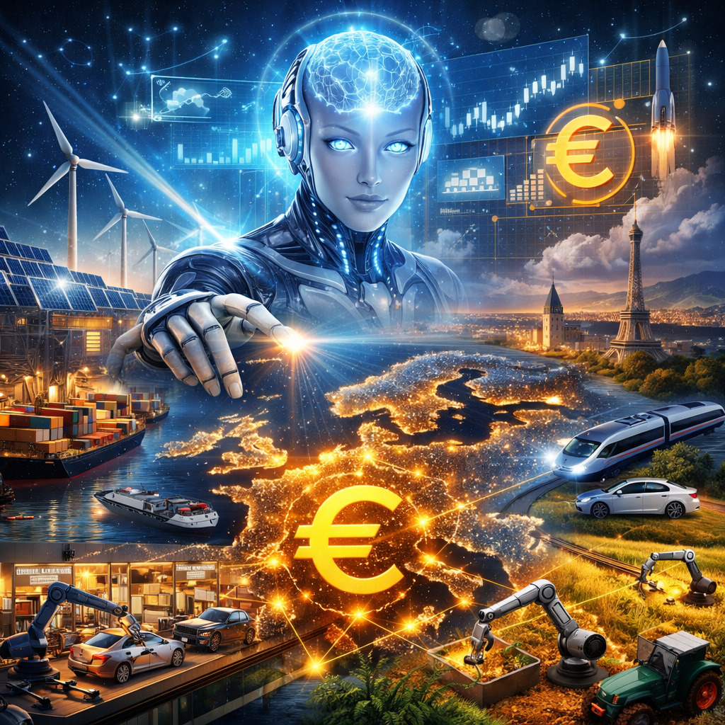 Futuristic AI figure, illuminated map of Europe with Euro symbol, wind turbines, solar panels, transportation, and robotic automation elements