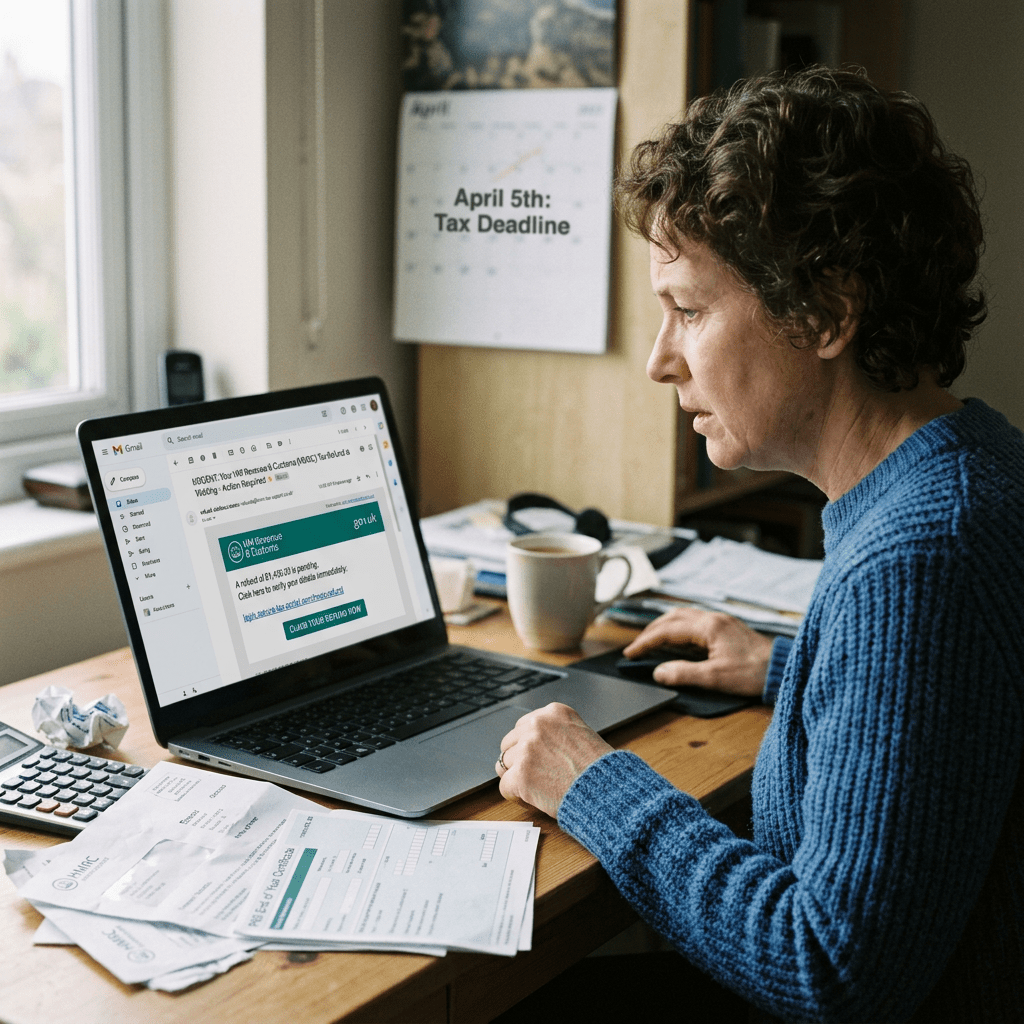 Woman checking tax emails and documents at a desk with a calendar showing April 5 tax deadline