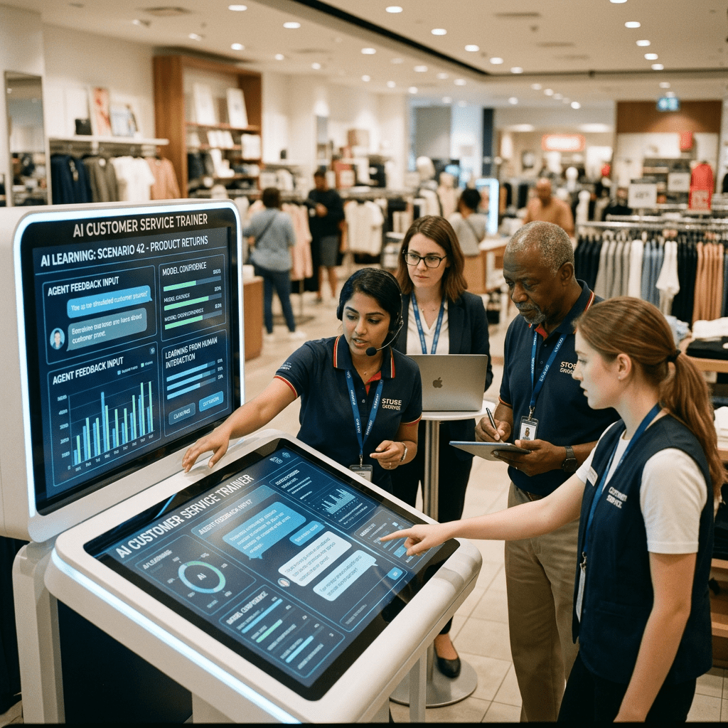 Four retail employees interacting with touchscreen AI customer service training displays