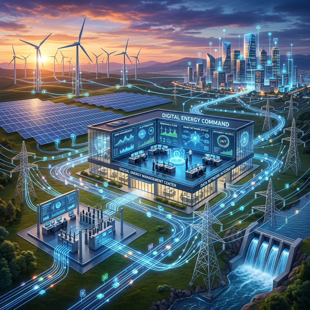 Modern digital energy command center managing renewable wind turbines, solar panels, hydroelectric dam, and city grid connections