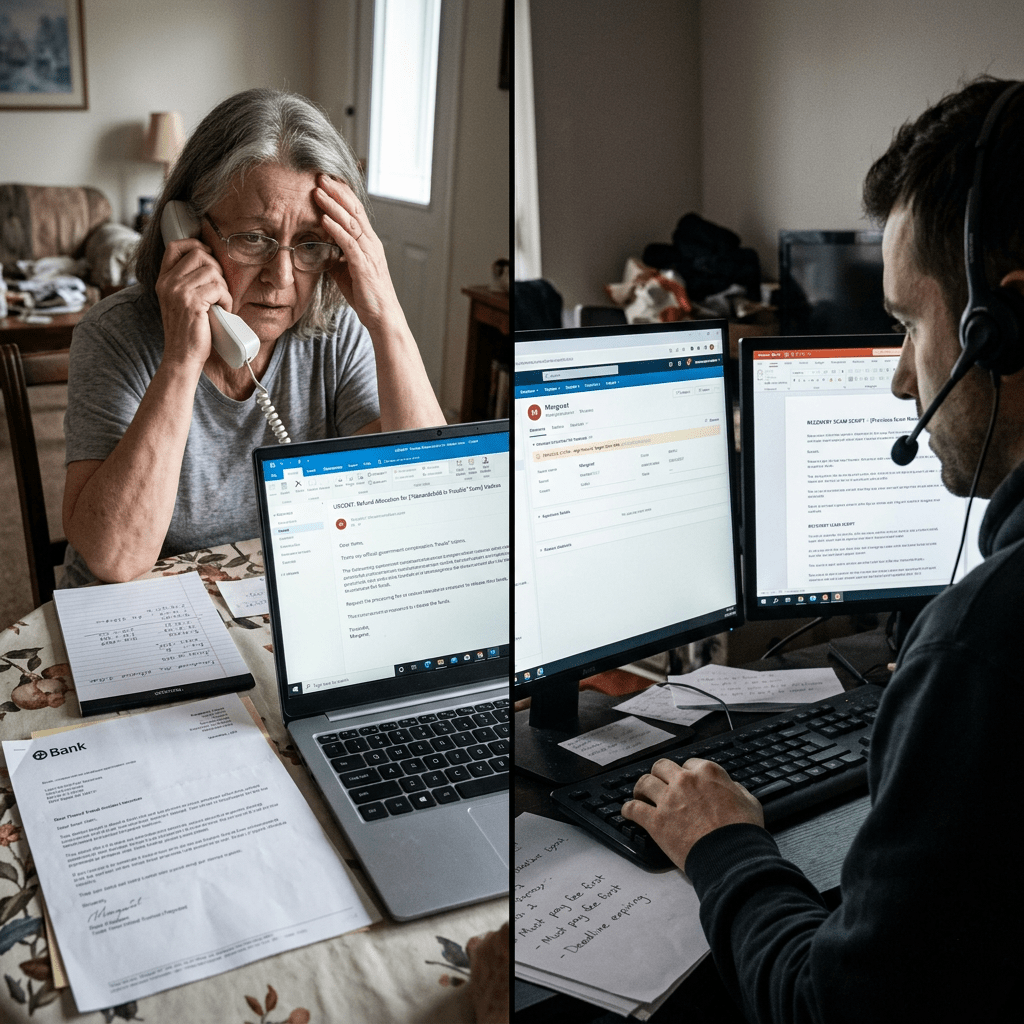 Senior woman on phone with call center agent assisting with scam issue