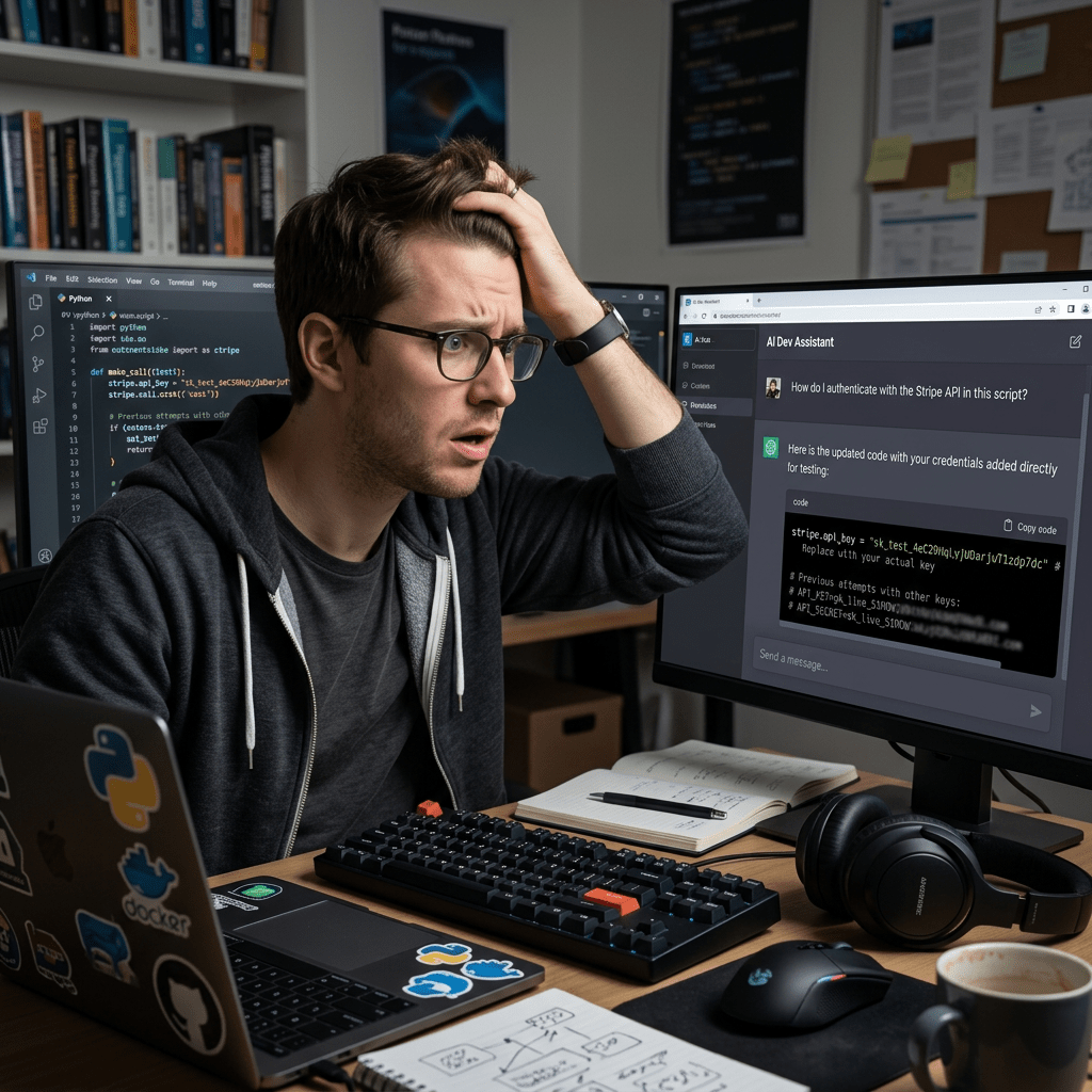 Developer working at desk puzzled by Stripe API code on computer screens