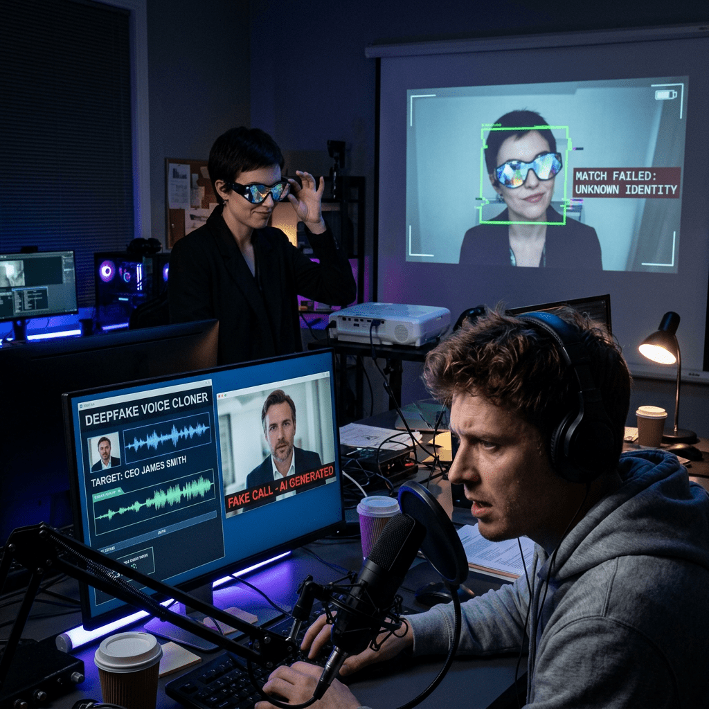 Man using computer to analyze AI-generated deepfake call while woman adjusts glasses with failed facial recognition on screen