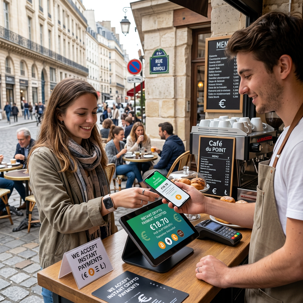 Customer making a cryptocurrency payment at outdoor café in Paris.