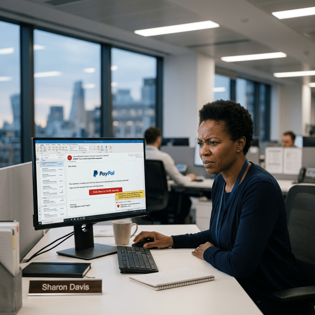Woman looking at computer screen showing suspicious PayPal phishing email