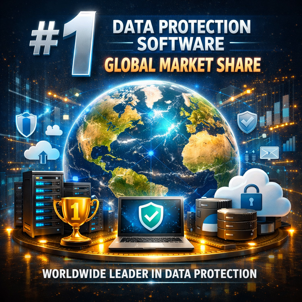 Digital globe with servers, cloud storage, trophy, and shield icons representing data protection software leadership