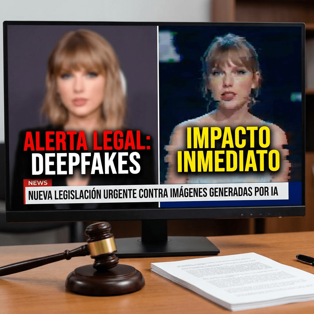 News screen showing legal alert on deepfakes with text 'Alerta Legal: Deepfakes' and 'Impacto Inmediato'