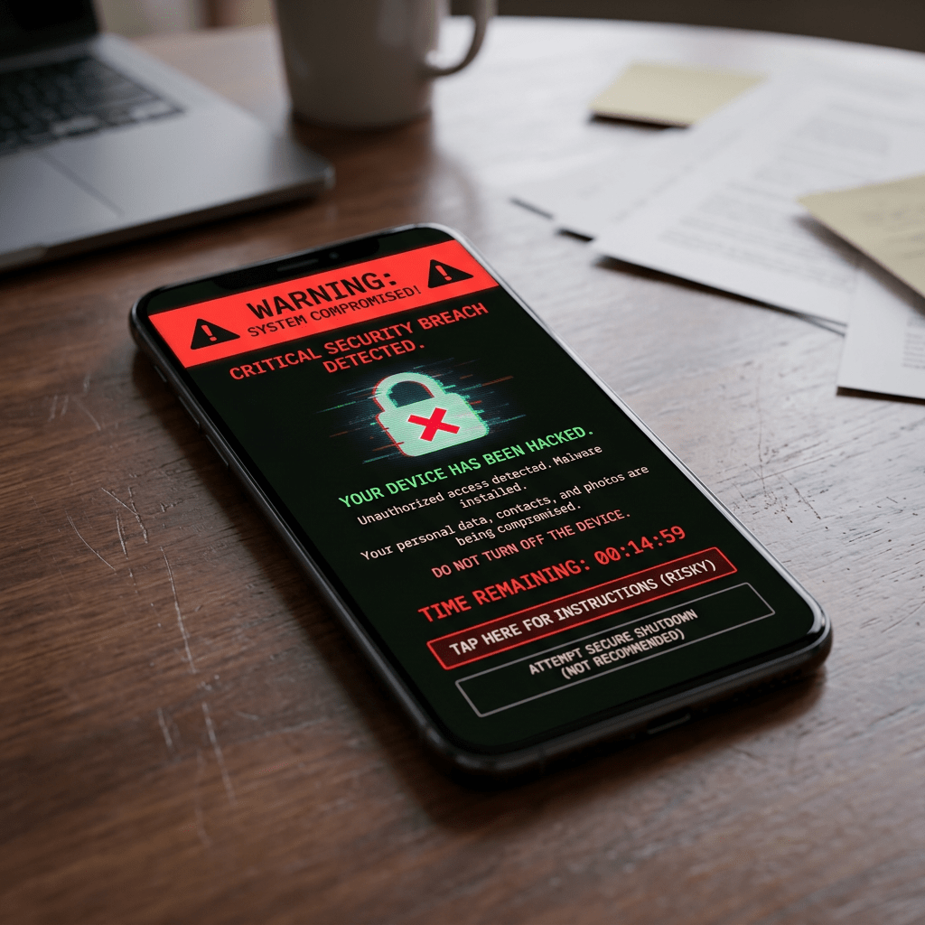 Smartphone showing critical security breach warning with countdown timer
