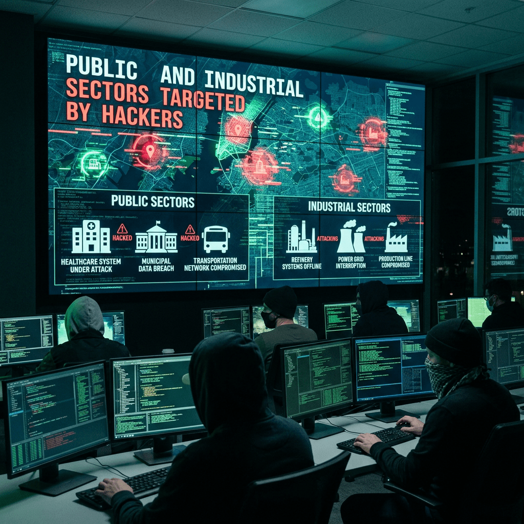 Group of hackers at computers targeting public healthcare, municipal, transportation and industrial refinery, power grid, production line sectors