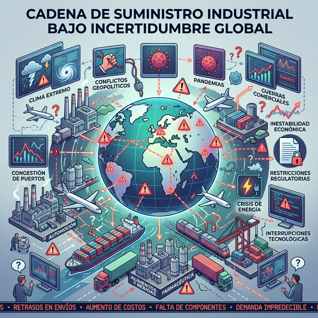 Global industrial supply chain challenges with extreme weather, geopolitical conflicts, pandemics, trade wars, economic instability, regulatory restrictions, energy crisis, port congestion, and technological interruptions