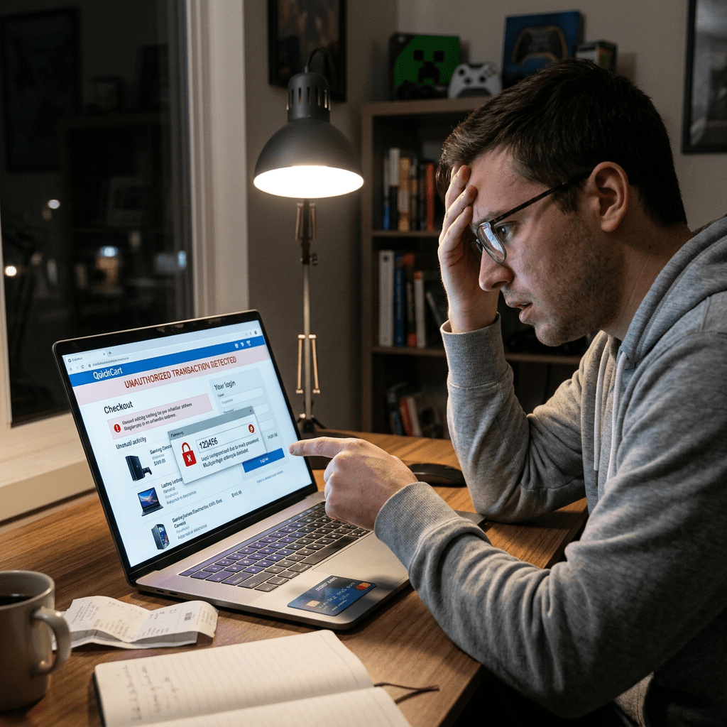 Man looking worried at laptop screen showing unauthorized transaction error during online checkout