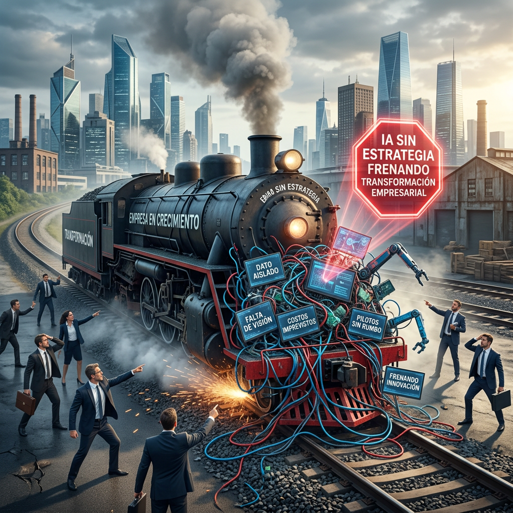 Steam locomotive labeled Empresa en crecimiento blocked by tangled cables with signs showing strategic business issues