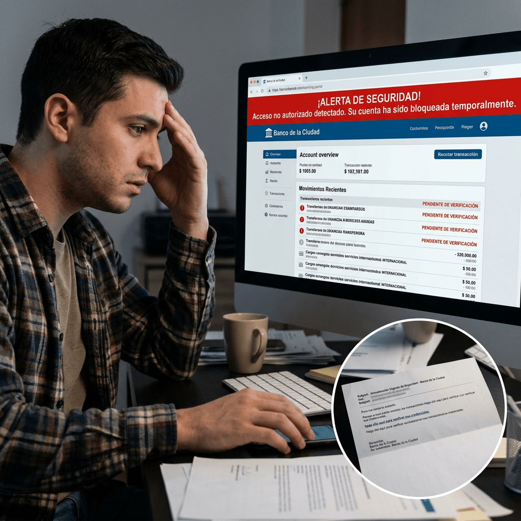 Man viewing online bank account security alert with suspicious transactions