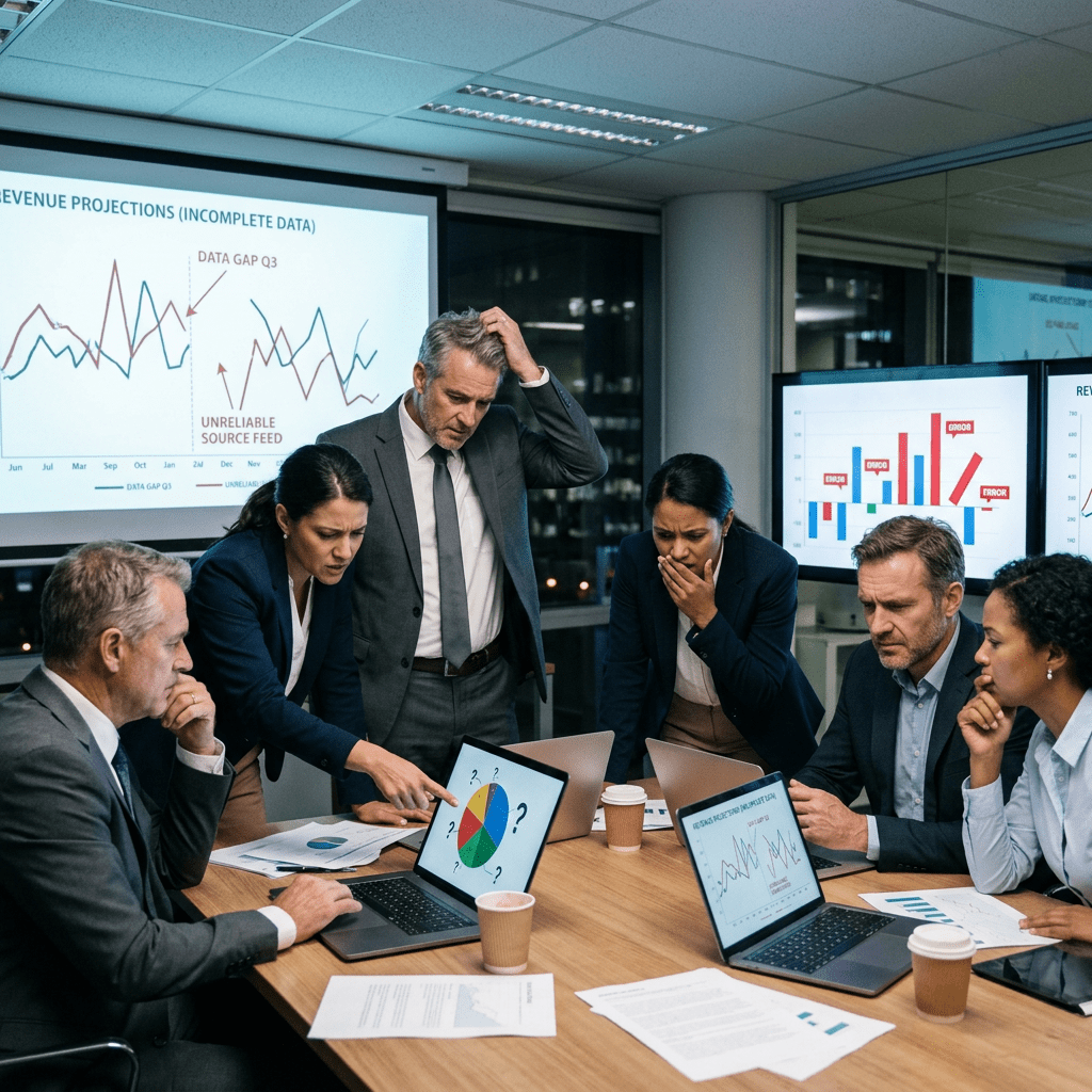 Business team studying conflicting charts with question marks around data